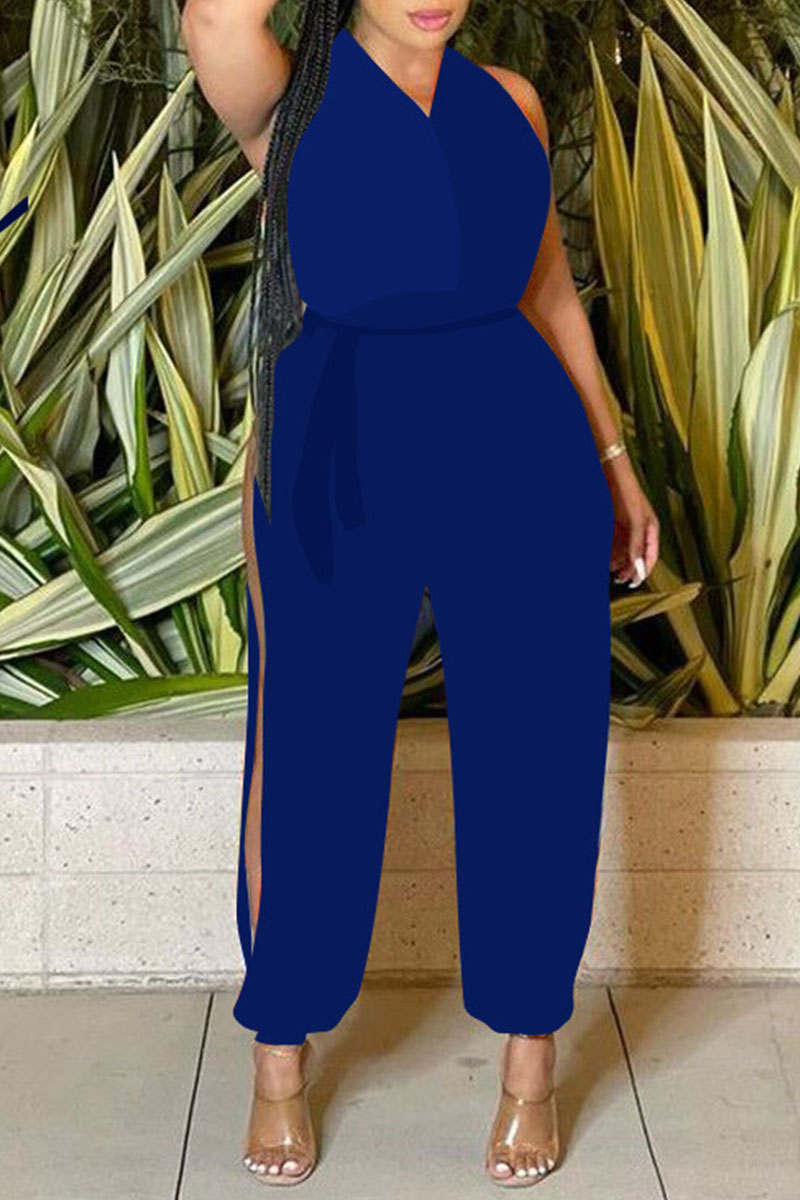 

Royal Blue Sexy Solid Split Joint Slit V Neck Straight Jumpsuits