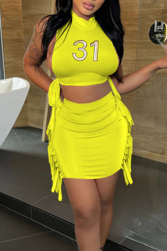 Yellow Sexy Print Tassel Bandage Hollowed Out Patchwork O Neck Sleeveless Two Pieces