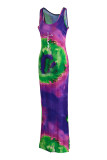 Rose Rouge Casual Print Tie Dye Patchwork U Neck Robes Droites