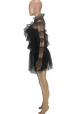 Черная модная сексуальная однотонная прозрачная водолазка в стиле пэчворк с длинным рукавом из двух частей