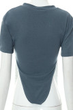 Dark Gray Sexy Street Solid Tassel Patchwork Asymmetrical V Neck T-Shirts