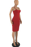 赤いファッションセクシーなソリッドバックレススパゲッティストラップ鉛筆スカートドレス