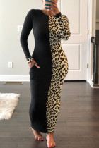 Schwarzes, modisches, lässiges Leoparden-Patchwork-Kleid mit O-Ausschnitt und langen Ärmeln
