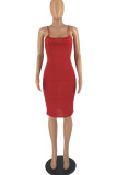 Red Fashion Sexy Solid Backless Spaghetti Strap Pencil Skirt Dresses