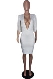 White Fashion Sexy Solid Tassel Patchwork V Neck Evening Dress
