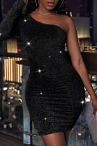 黒のセクシーなソリッドパッチワークフォールド斜めの襟のドレス