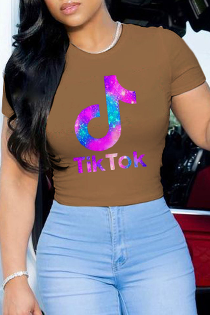 

Khaki Fashion Street Print Letter O Neck T-Shirts