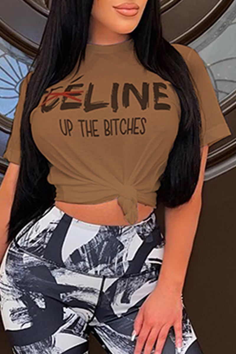 

Khaki Fashion Street Print Letter O Neck T-Shirts