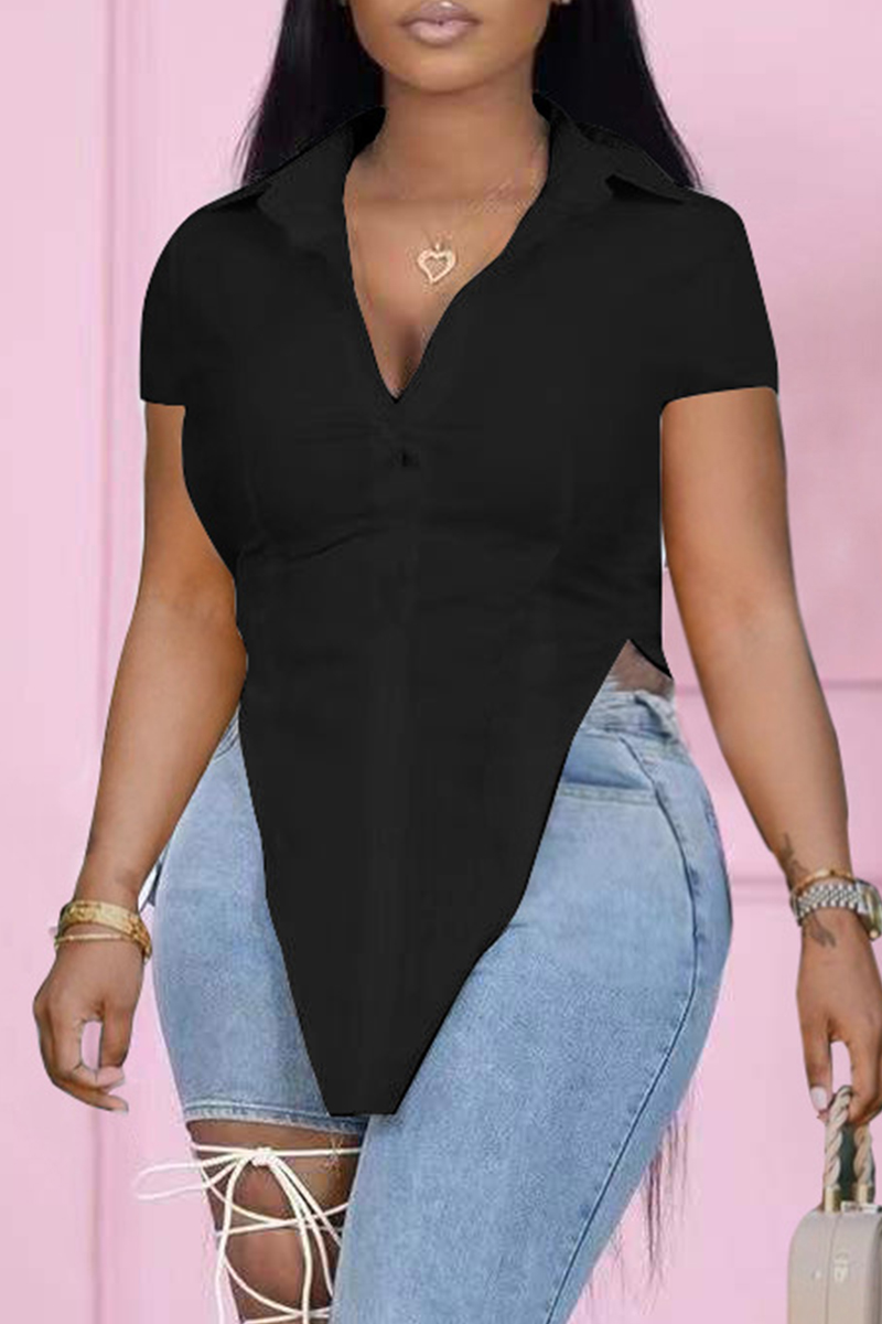 Black Fashion Casual Solid Asymmetrical Turndown Collar Tops