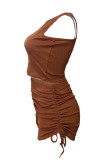 Brownness Sexy Solid Patchwork Draw String Fold O Neck Short Sleeve Two Pieces Tank Crop Tops And Shorts Set