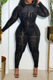 Macacão preto sexy com estampa de retalhos transparente decote O