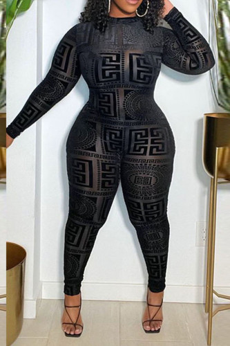Black Sexy Print Split Joint See-through O Neck Plus Size Jumpsuits