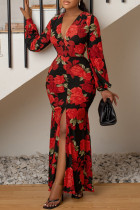 Rote Mode Casual Print Schlitz V-Ausschnitt Langarm Kleider