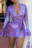 Robes de jupe crayon violet sexy en maille solide à col en V