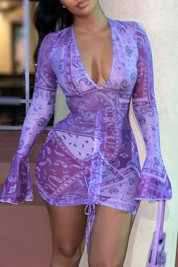 Фиолетовые сексуальные однотонные сетчатые платья с V-образным вырезом и юбкой-карандашом