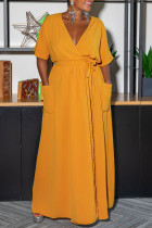 Желтые повседневные прямые платья в стиле пэчворк с V-образным вырезом