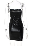 ブラック セクシー ソリッド パッチワーク 小帯 スパゲッティ ストラップ ペンシル スカート ドレス