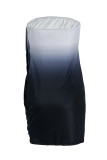 Blauwe sexy asymmetrische strapless mouwloze jurk met print en asymmetrische print