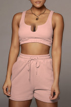 Pink Casual Solid Patchwork U Neck Two Pieces