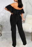 Silver Casual Print Patchwork Flounce Off the Shoulder Straight Jumpsuits