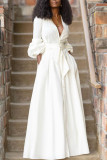 Vestidos brancos casuais elegantes com fivela de patchwork sólido com decote em V