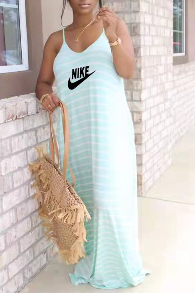 

Sky Blue Fashion Casual Striped Letter Spaghetti Strap Sling Dress Dresses