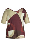 Rose Red Casual Print Patchwork V Neck Plus Size Tops