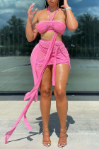 Pink Sexy Solid Bandage Patchwork Asymmetrical Strapless Sleeveless Two Pieces