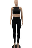 Black Casual Sportswear Solid Hollowed Out Patchwork O Neck Sleeveless Two Pieces