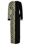 Schwarzes, modisches, lässiges Leoparden-Patchwork-Kleid mit O-Ausschnitt und langen Ärmeln