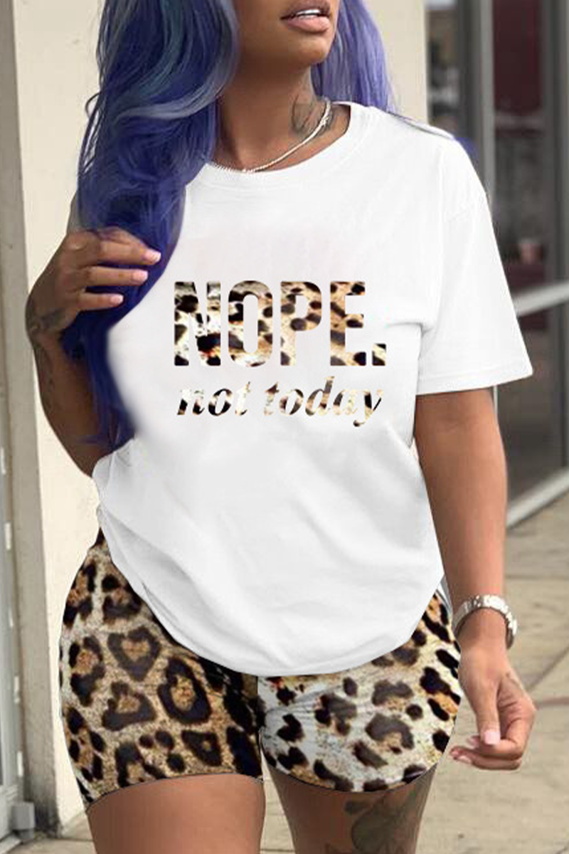 Leopard Print Casual Leopard Camouflage Print Split Joint O Neck Short Sleeve Two Pieces