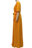 Yellow Casual Solid Patchwork V Neck Straight Dresses