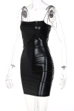 Black Sexy Solid Patchwork Frenulum Spaghetti Strap Pencil Skirt Dresses