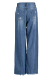 Jeans de mezclilla regular de cintura alta rasgados sólidos informales de moda azul bebé