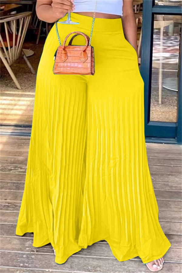 Pantalones de pierna ancha de cintura alta regulares con pliegues sólidos casuales de moda amarillo