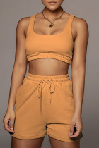 Orange Casual Sportswear Solid Patchwork U-hals ärmlös två delar