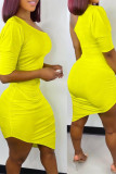 Yellow Sexy Solid Patchwork Fold Asymmetrical Oblique Collar Irregular Dress Dresses