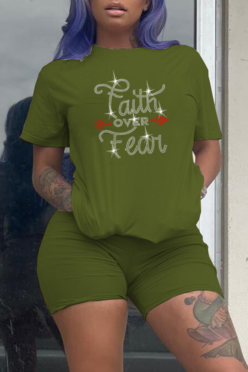 

Army Green Fashion Casual Letter Hot Drill O Neck Short Sleeve Two Pieces