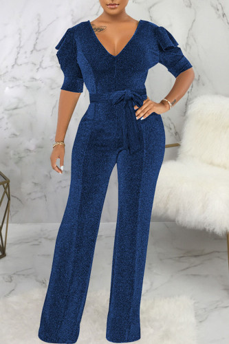 Blue Casual Solid Patchwork V Neck Straight Jumpsuits