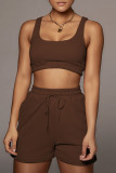 Deep Coffee Casual Sportswear Solid Patchwork U Neck Sleeveless Two Pieces