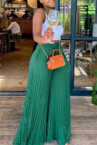 Pantalon décontracté taille haute à jambe large et à plis solides vert