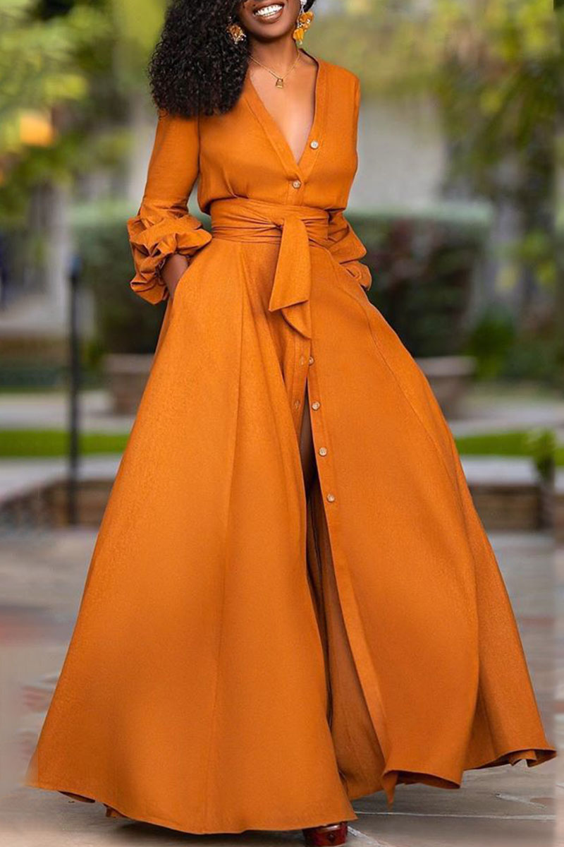 

Tangerine Red Casual Elegant Solid Split Joint Buckle V Neck Dresses