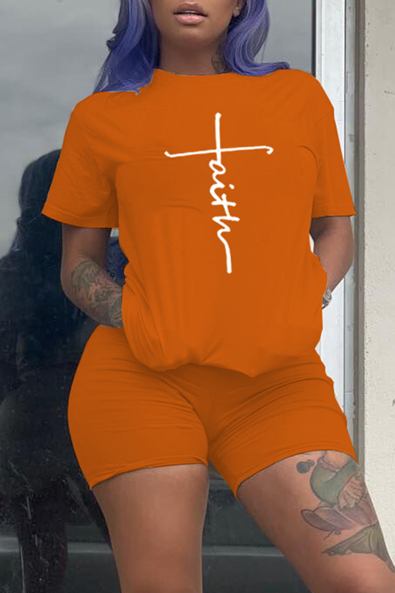 

Orange Fashion Casual Print Basic O Neck Short Sleeve Two Pieces