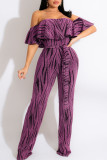 Black Casual Print Patchwork Flounce Off the Shoulder Straight Jumpsuits