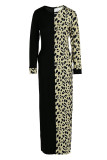 Черное модное повседневное платье с леопардовым принтом в стиле пэчворк и круглым вырезом с длинным рукавом