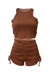 Brownness Sexy Solid Patchwork Draw String Fold O Neck Short Sleeve Two Pieces Tank Crop Tops And Shorts Set