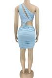 Light Blue Sexy Solid Hollowed Out Patchwork Asymmetrical Pencil Skirt Dresses