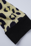 Robe bleue à manches longues et col rond, imprimé léopard décontracté, mode patchwork