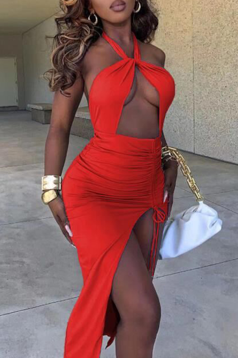 

Red Sexy Solid Hollowed Out Draw String Frenulum Backless Halter Sleeveless Dress
