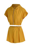 Yellow Fashion Casual Solid Basic Zipper Collar Short Sleeve Two Pieces